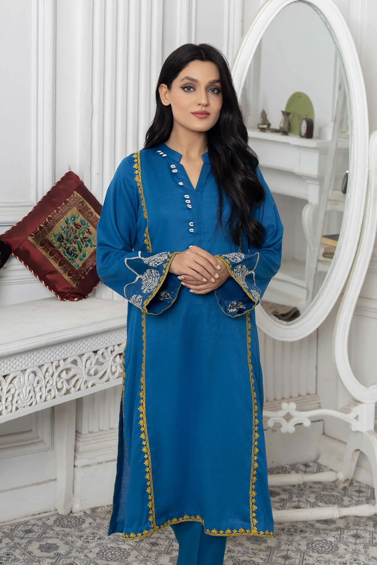 2-Pc Embriodered Broucha Long Shirt with Cotton Straight Trouser CNP22-82