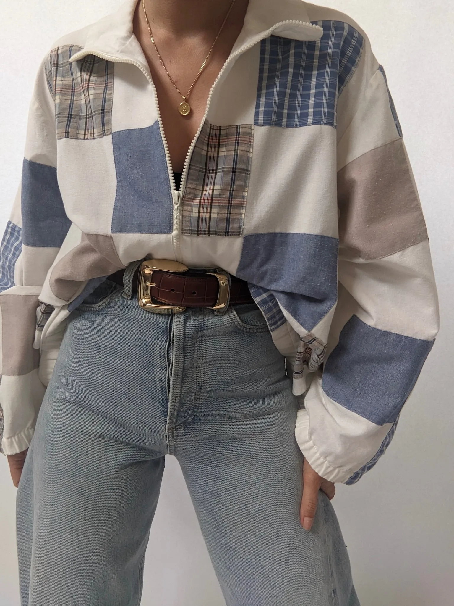 Amazing Vintage Chambray & Plaid Patched Jacket