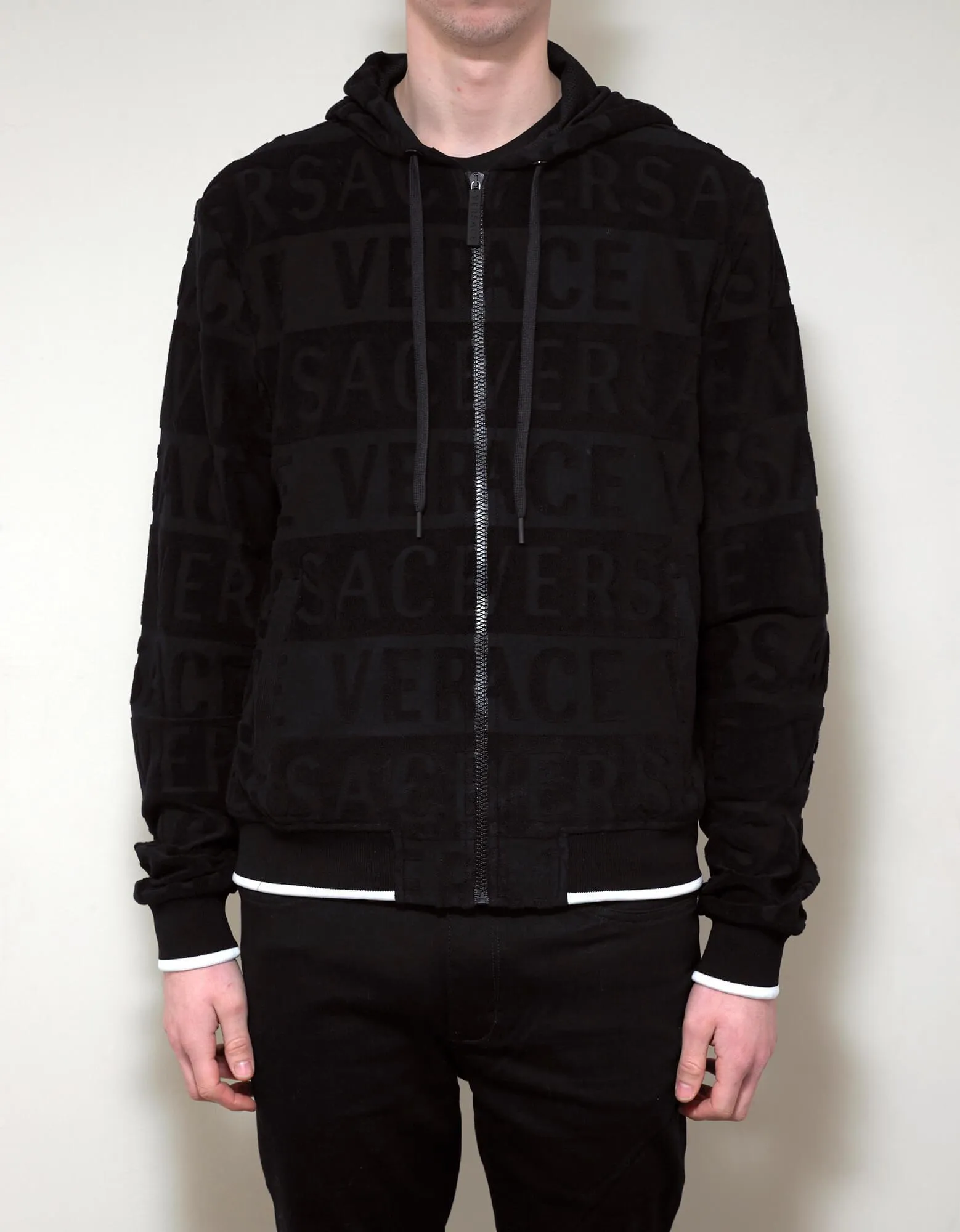 Black Towelling Logo Zip Hoodie