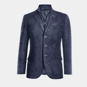  Blazer azul marino de terciopelo paisley slim fit de 3 botones