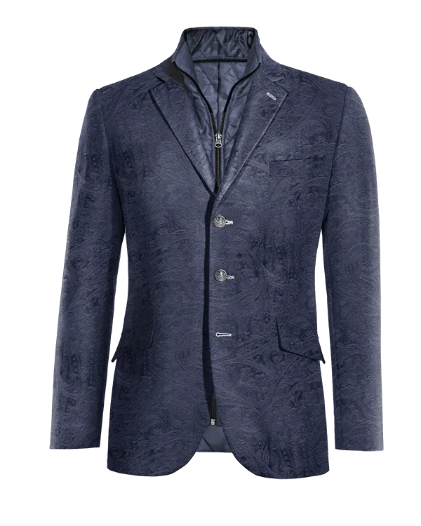  Blazer azul marino de terciopelo paisley slim fit de 3 botones