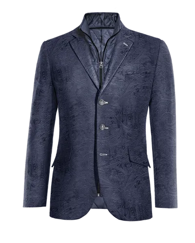  Blazer azul marino de terciopelo paisley slim fit de 3 botones