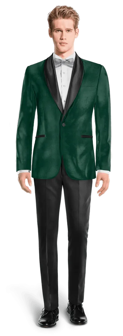  Blazer Esmoquin verde azulado de terciopelo con solapa en negro y pantalón negro