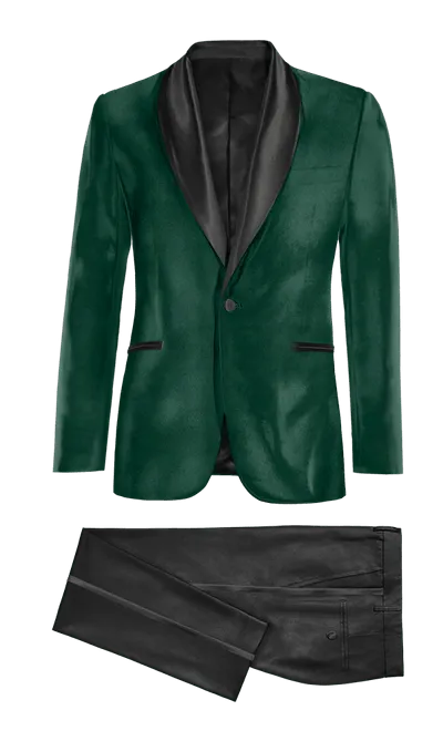  Blazer Esmoquin verde azulado de terciopelo con solapa en negro y pantalón negro