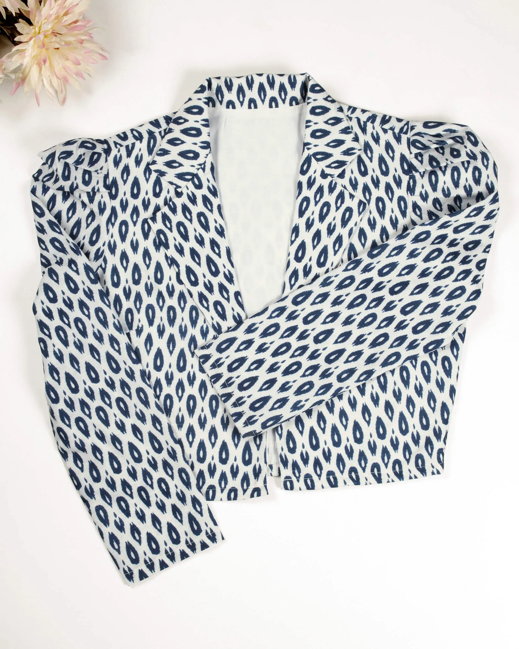 Blue Ikat Printed Puff Sleeve Jacket