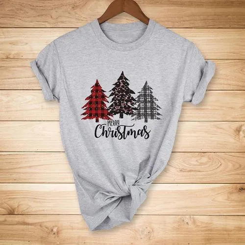 Christmas Christmas Tree Milk Fiber Round Neck Short Sleeve Regular Sleeve Printing T-shirt