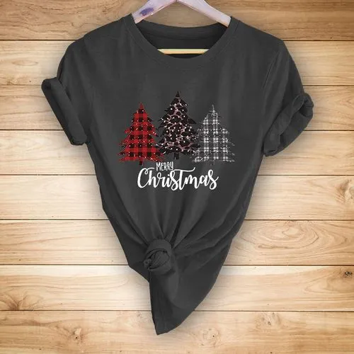 Christmas Christmas Tree Milk Fiber Round Neck Short Sleeve Regular Sleeve Printing T-shirt