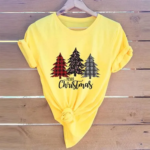 Christmas Christmas Tree Milk Fiber Round Neck Short Sleeve Regular Sleeve Printing T-shirt