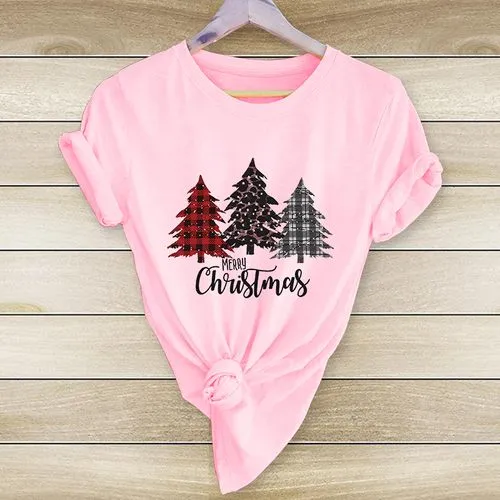 Christmas Christmas Tree Milk Fiber Round Neck Short Sleeve Regular Sleeve Printing T-shirt