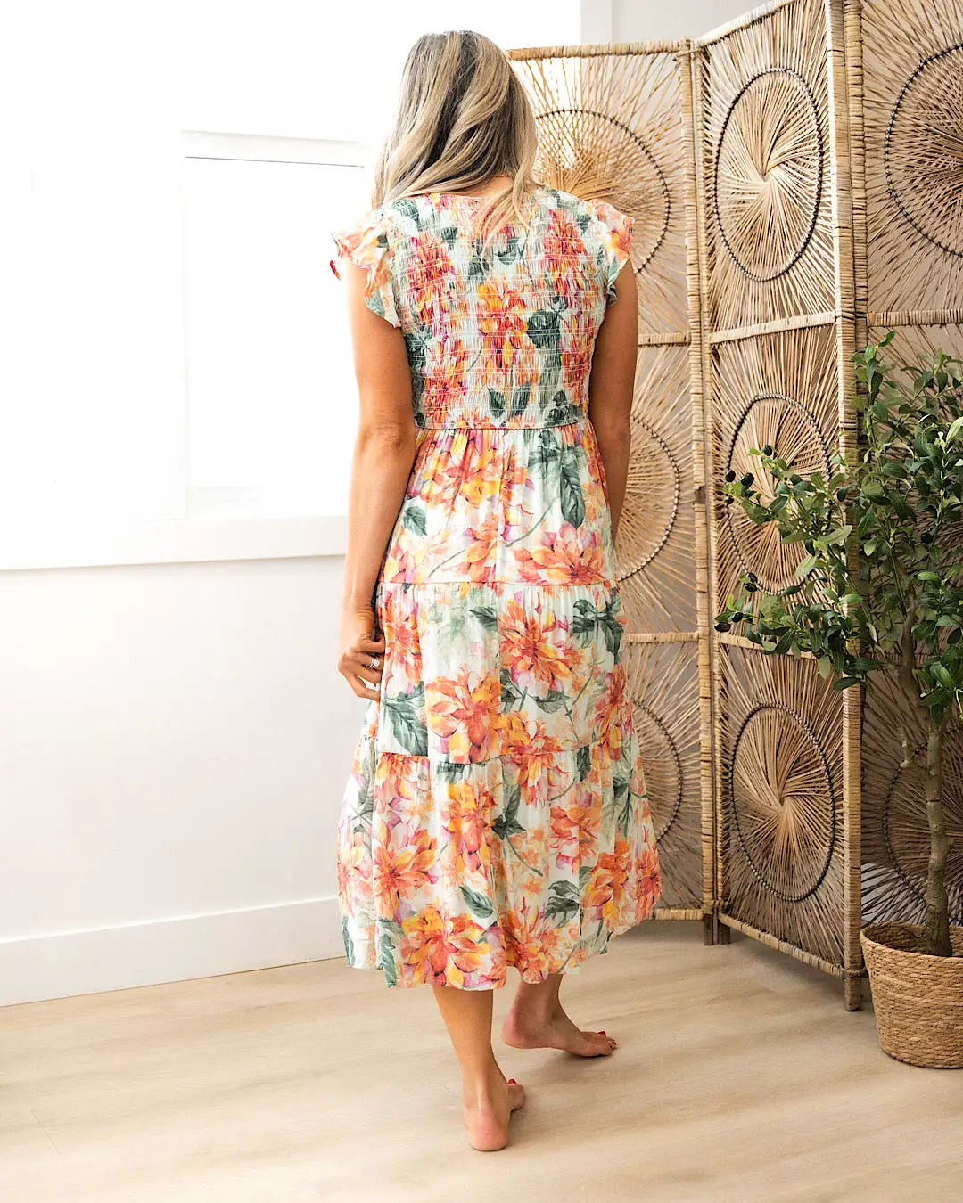 Cindy Water Color Floral Smocked Midi Dress