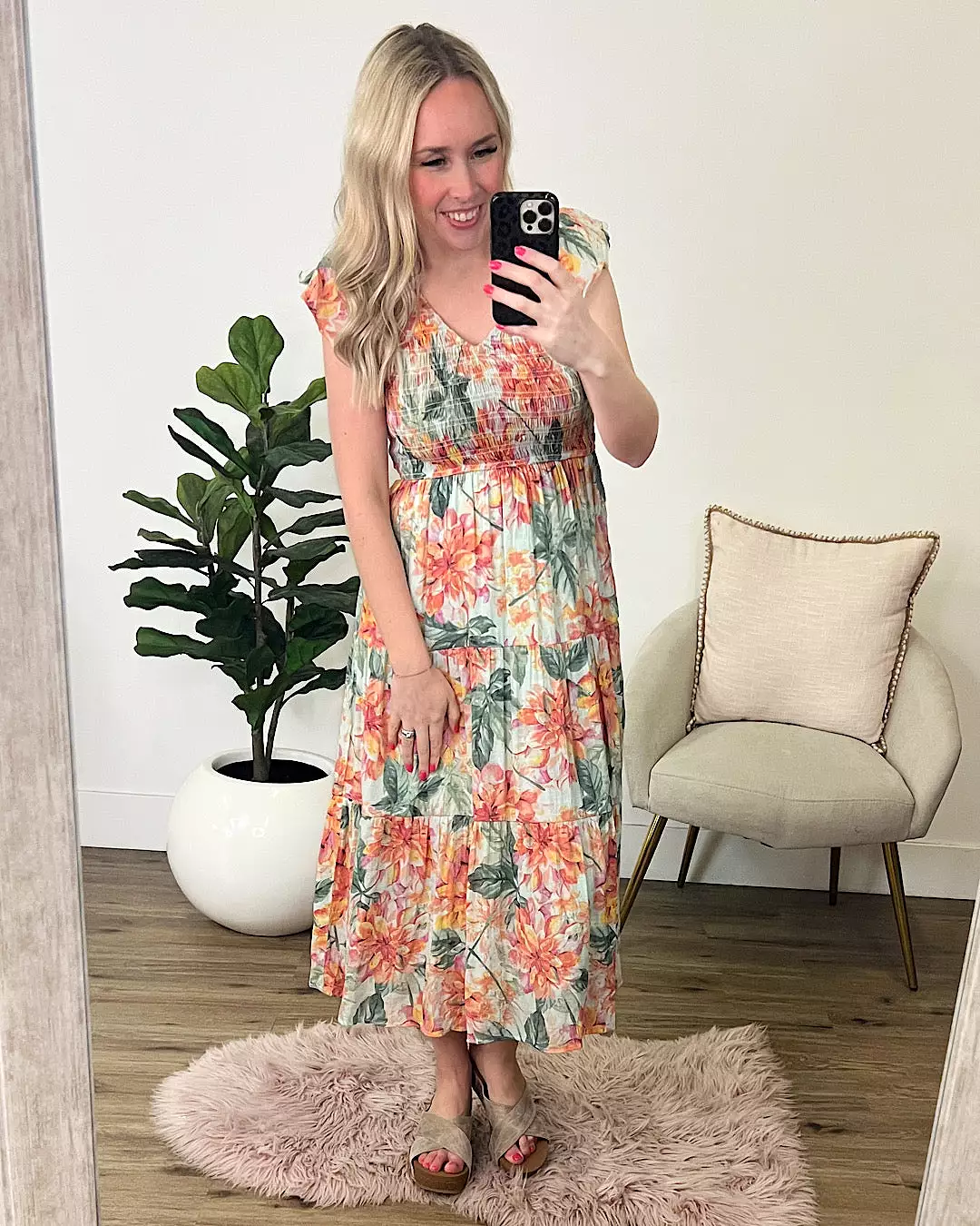 Cindy Water Color Floral Smocked Midi Dress