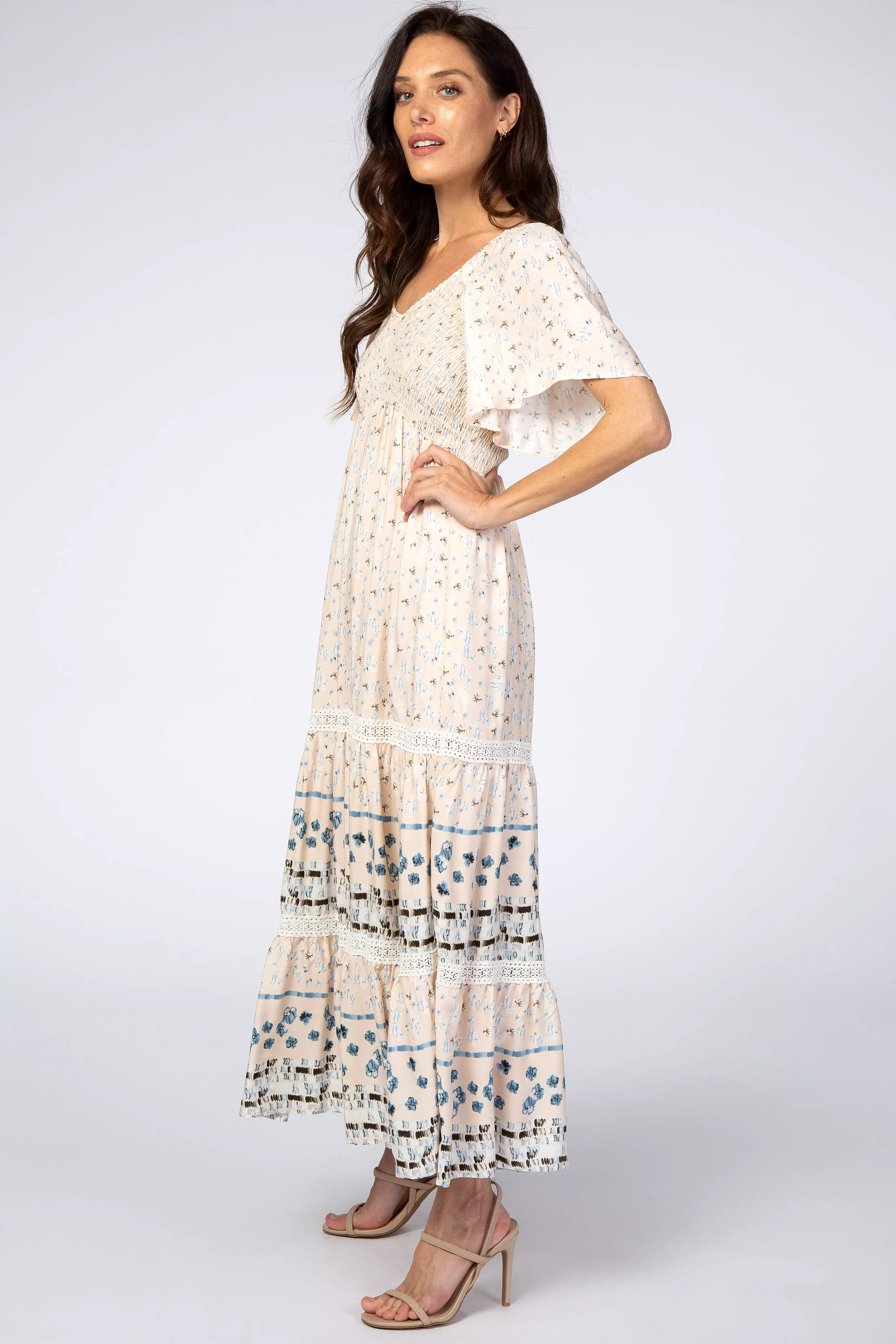 Cream Printed Smocked Midi Dress