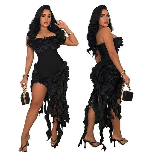 CY901043   Tube Top Solid Color Dress Sexy Irregular Tassel High Slit Dress Women