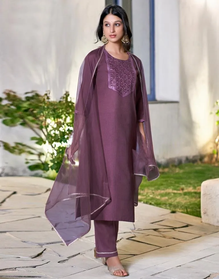 Dusty Magenta Cotton Embroidery Straight Kurta Set