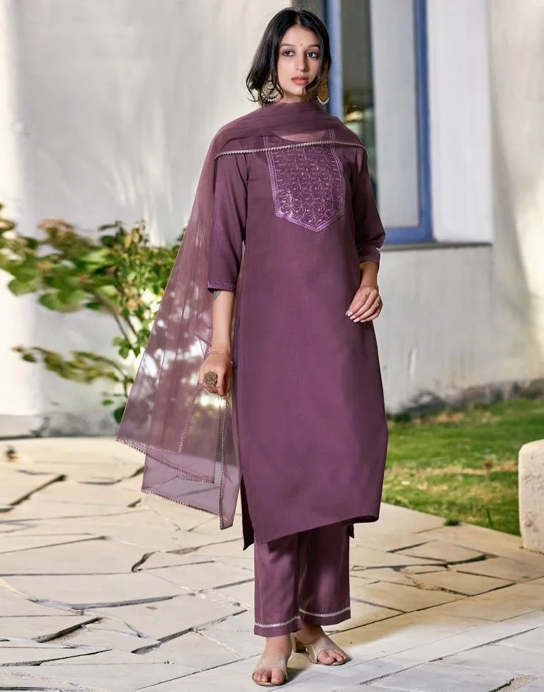 Dusty Magenta Cotton Embroidery Straight Kurta Set