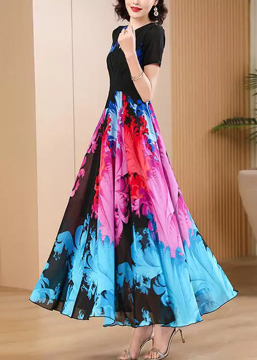 Elegant Black V Neck Print High Waist Chiffon Maxi Dresses Summer AS1085