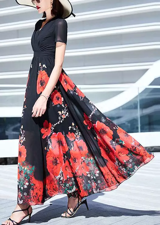 Elegant Black V Neck Print Wrinkled Chiffon Long Dresses Summer AS1002