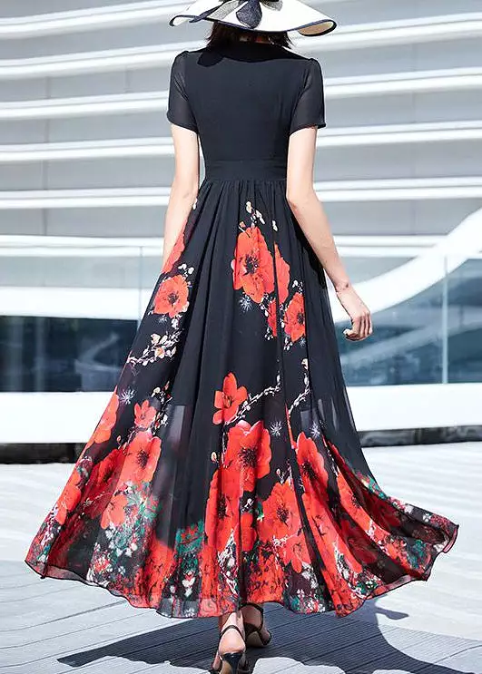 Elegant Black V Neck Print Wrinkled Chiffon Long Dresses Summer AS1002