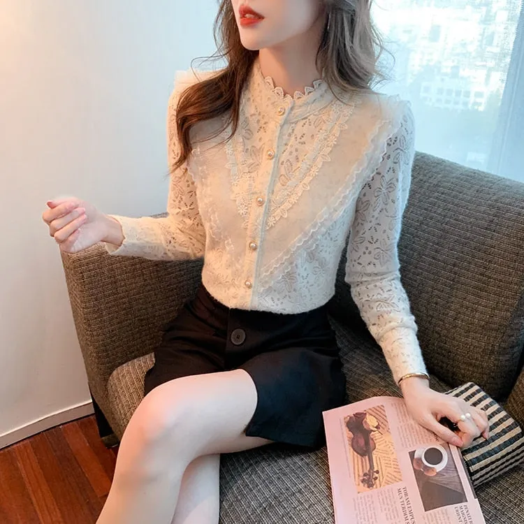 Elegant Women's Non-stretch Lace Full Sleeves Basic Office Blouse Top