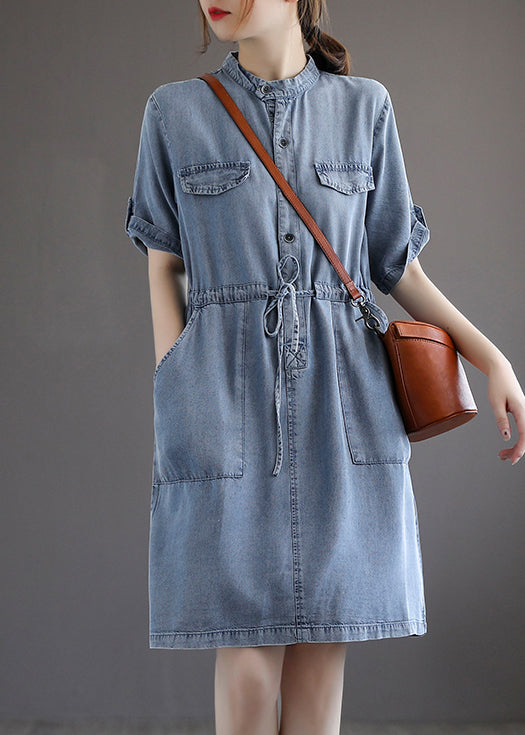 French Blue Pockets Tie Waist Denim Dresses Summer AB1016