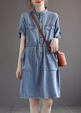 French Blue Pockets Tie Waist Denim Dresses Summer AB1016