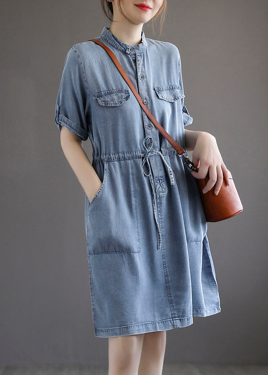 French Blue Pockets Tie Waist Denim Dresses Summer AB1016