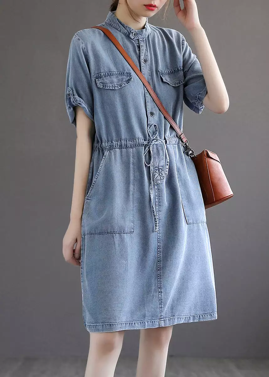 French Blue Pockets Tie Waist Denim Dresses Summer AB1016