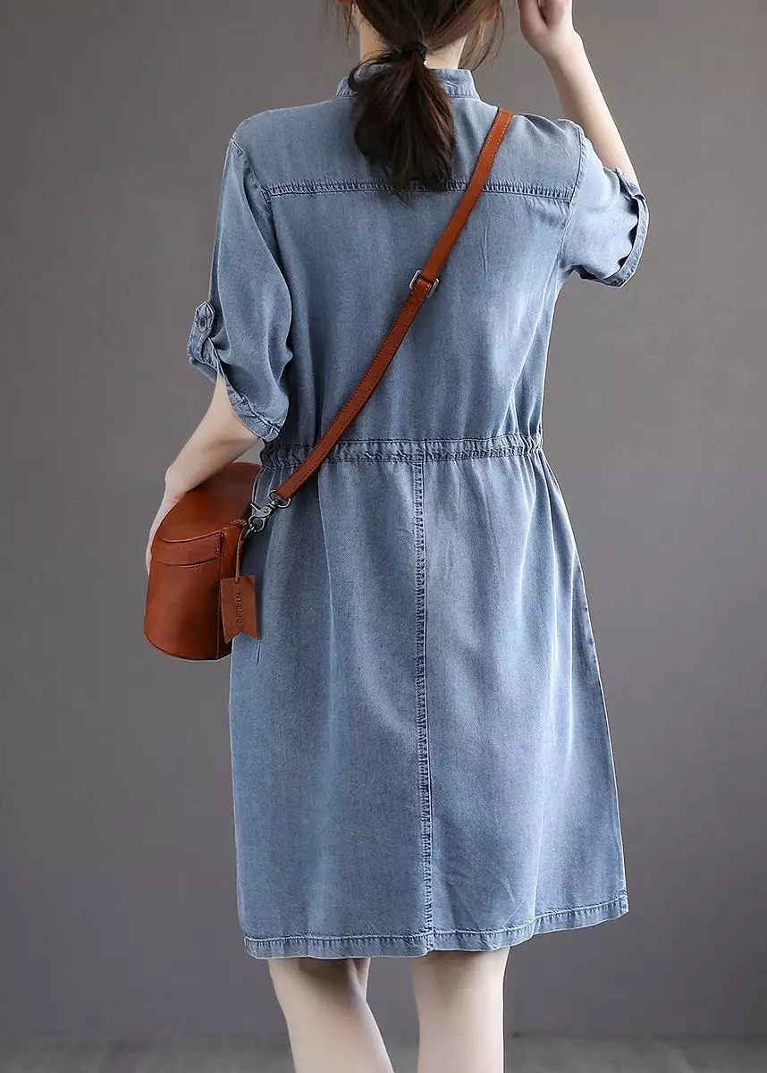 French Blue Pockets Tie Waist Denim Dresses Summer AB1016