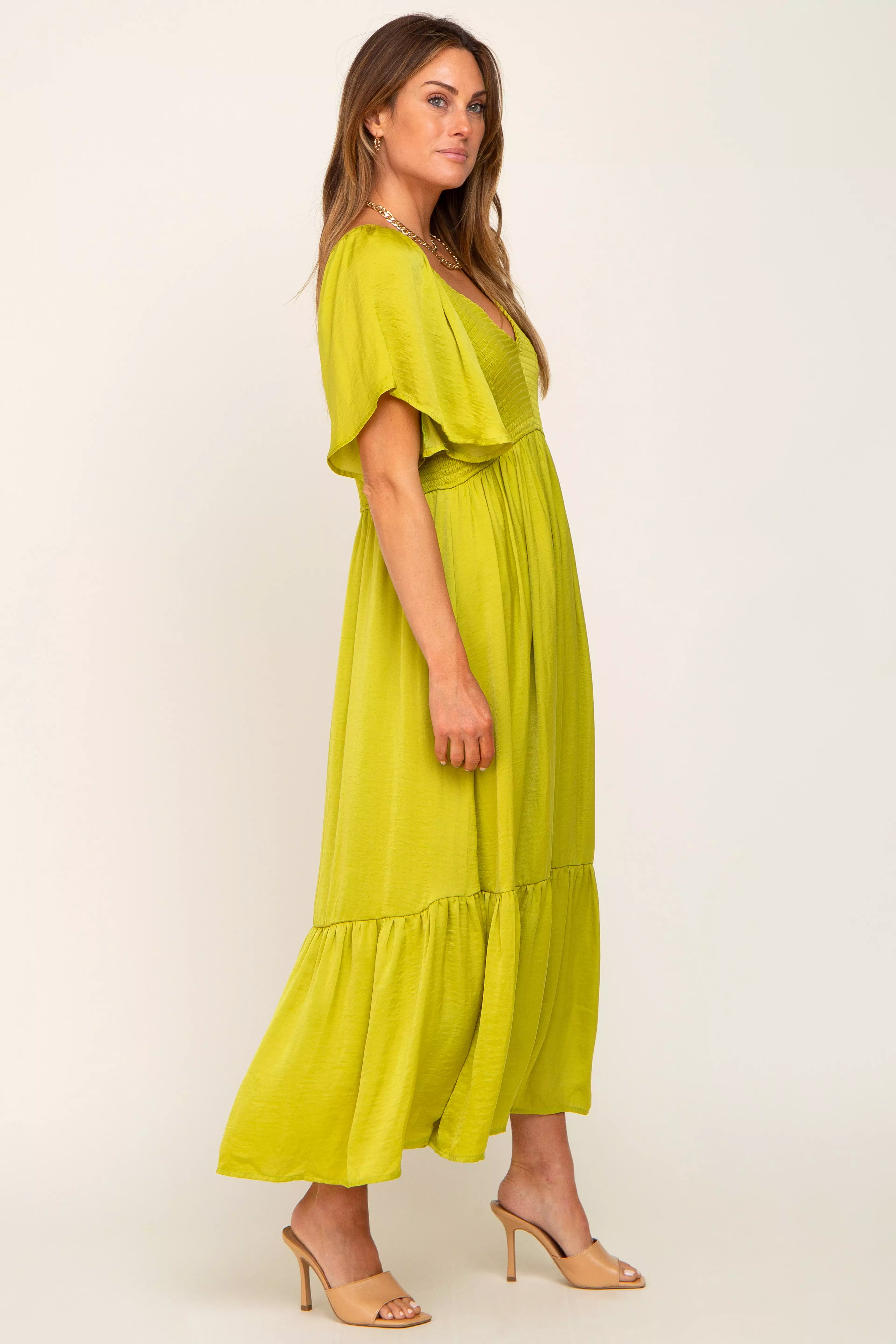 Green Satin Smocked Midi Dress