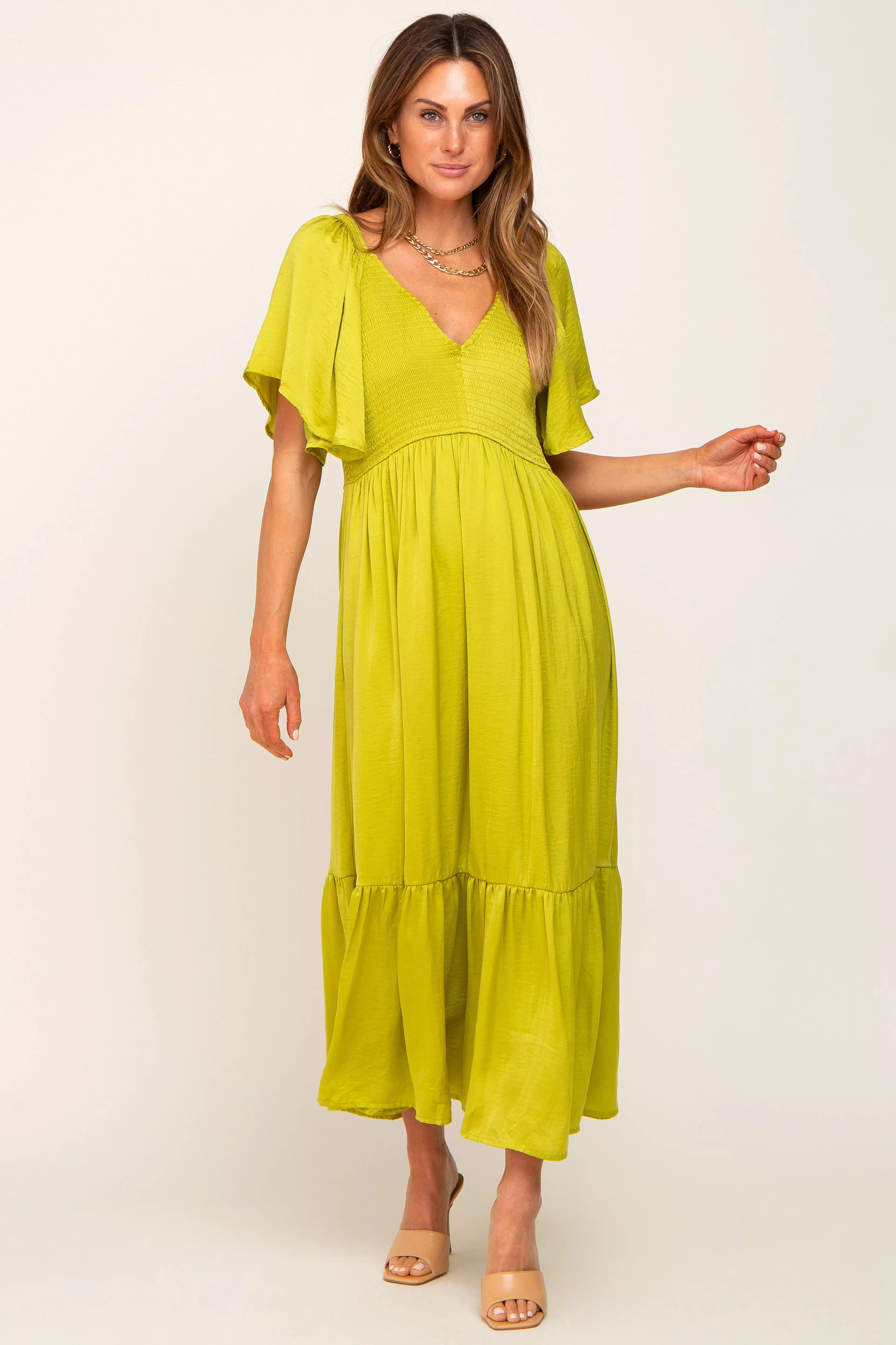 Green Satin Smocked Midi Dress