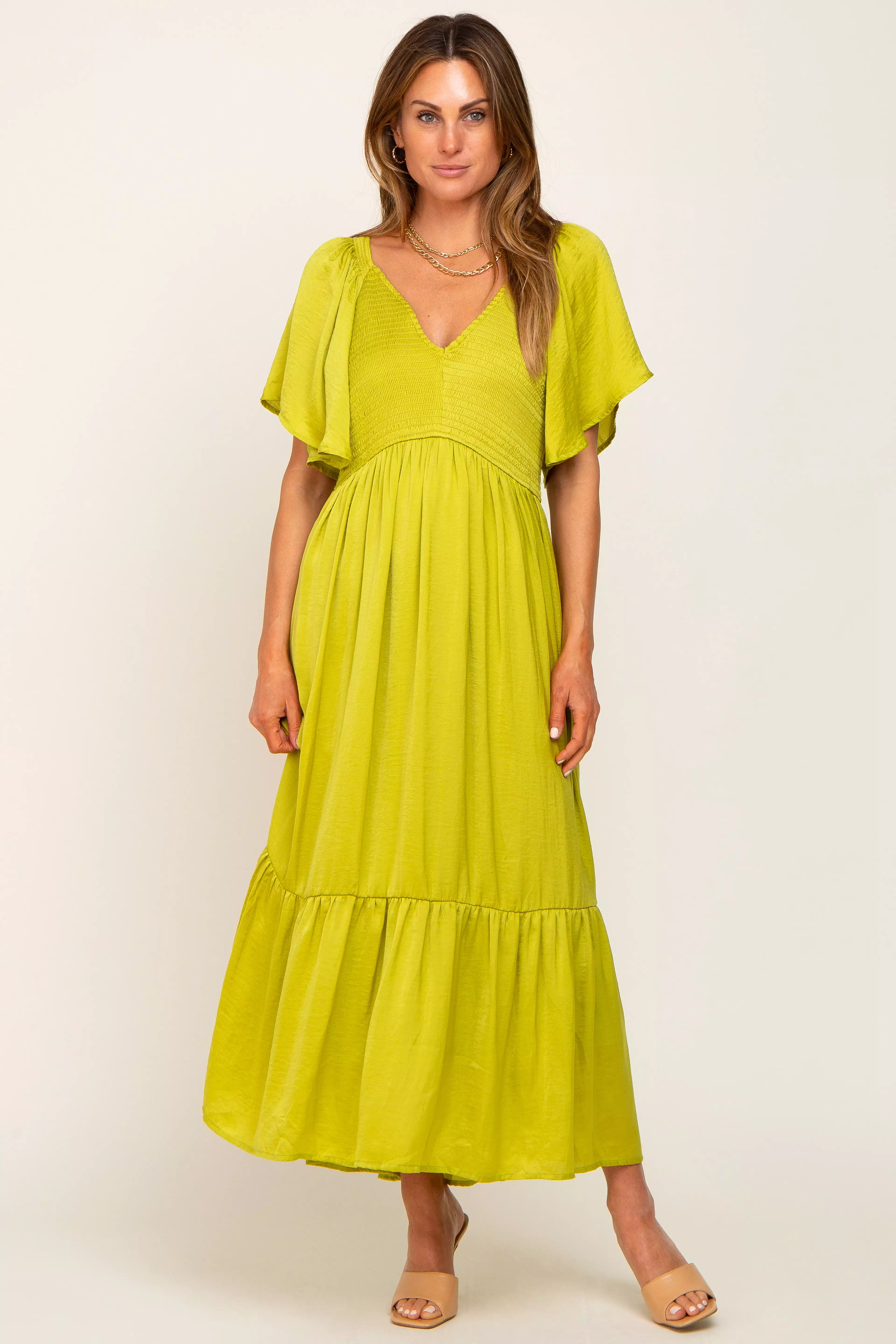 Green Satin Smocked Midi Dress