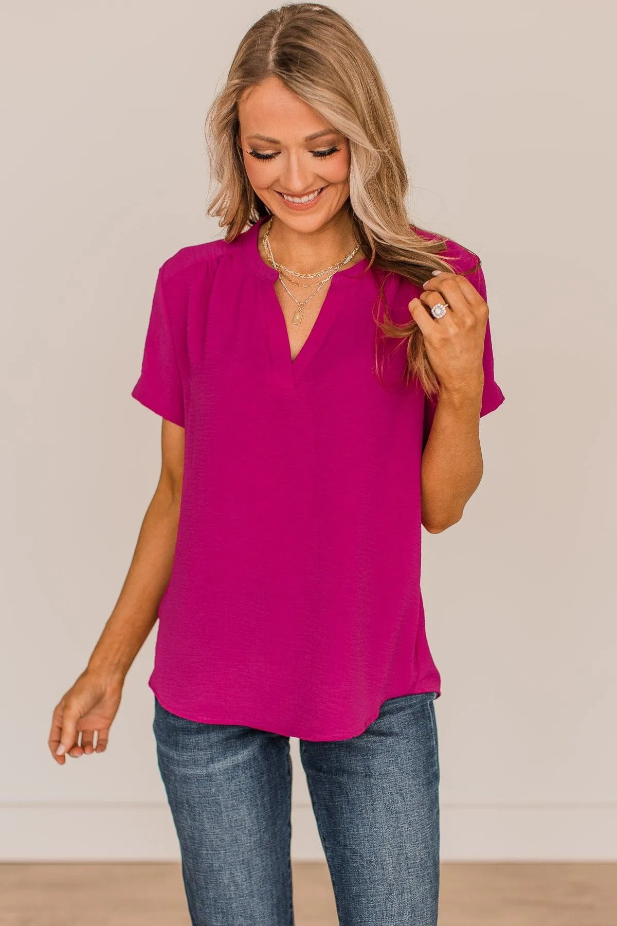 Inspire Romance V-Neck Blouse- Dark Fuchsia