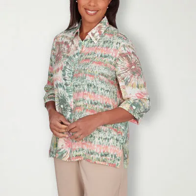 JCPenney Alfred Dunner Tuscan Sun Womens 3/4 Sleeve Regular Fit Button-Down Shirt