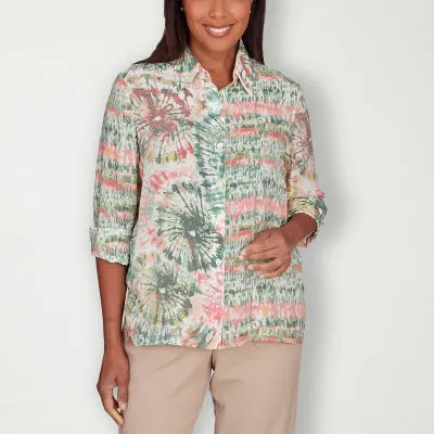 JCPenney Alfred Dunner Tuscan Sun Womens 3/4 Sleeve Regular Fit Button-Down Shirt