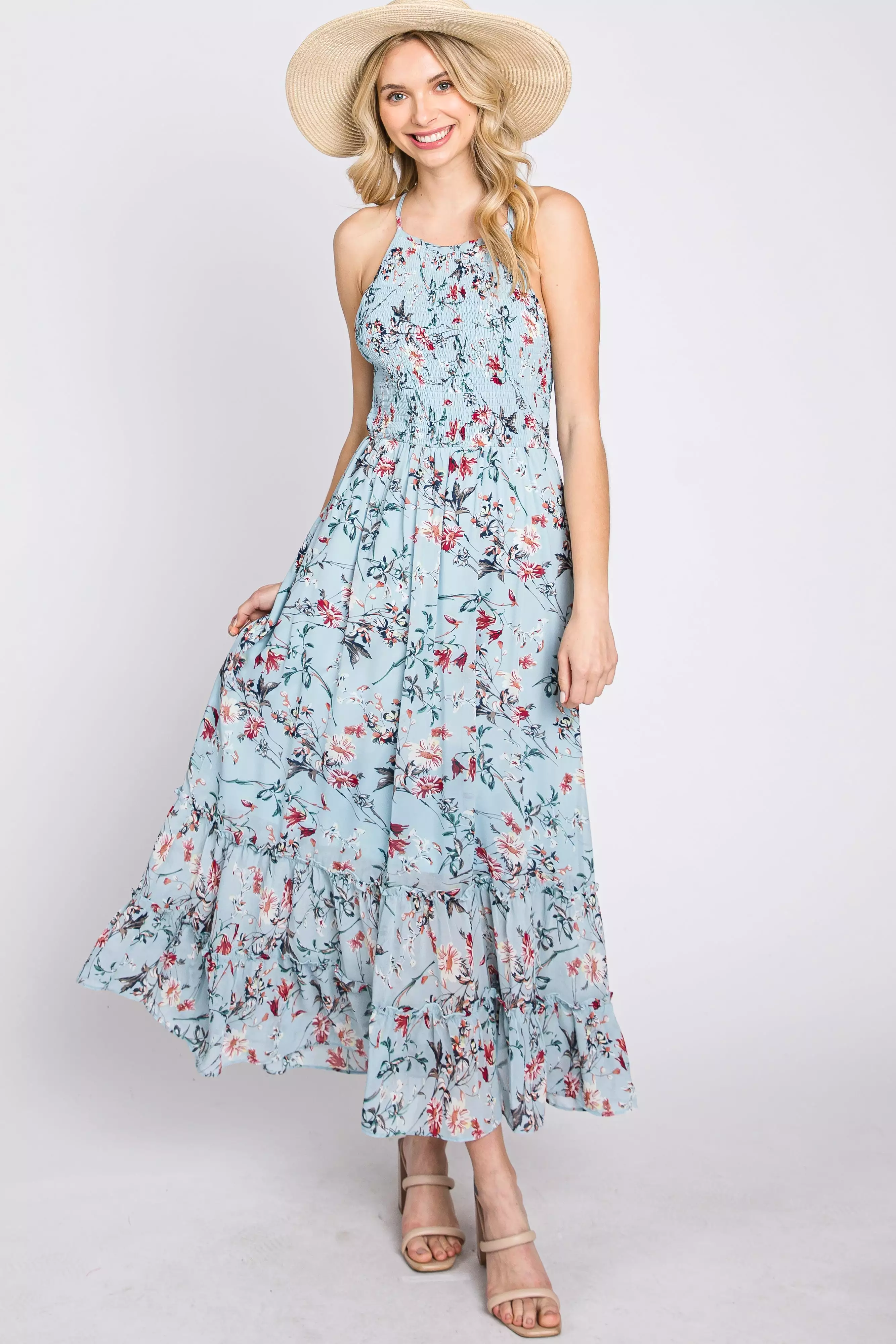 Light Blue Floral Chiffon Smocked Midi Dress