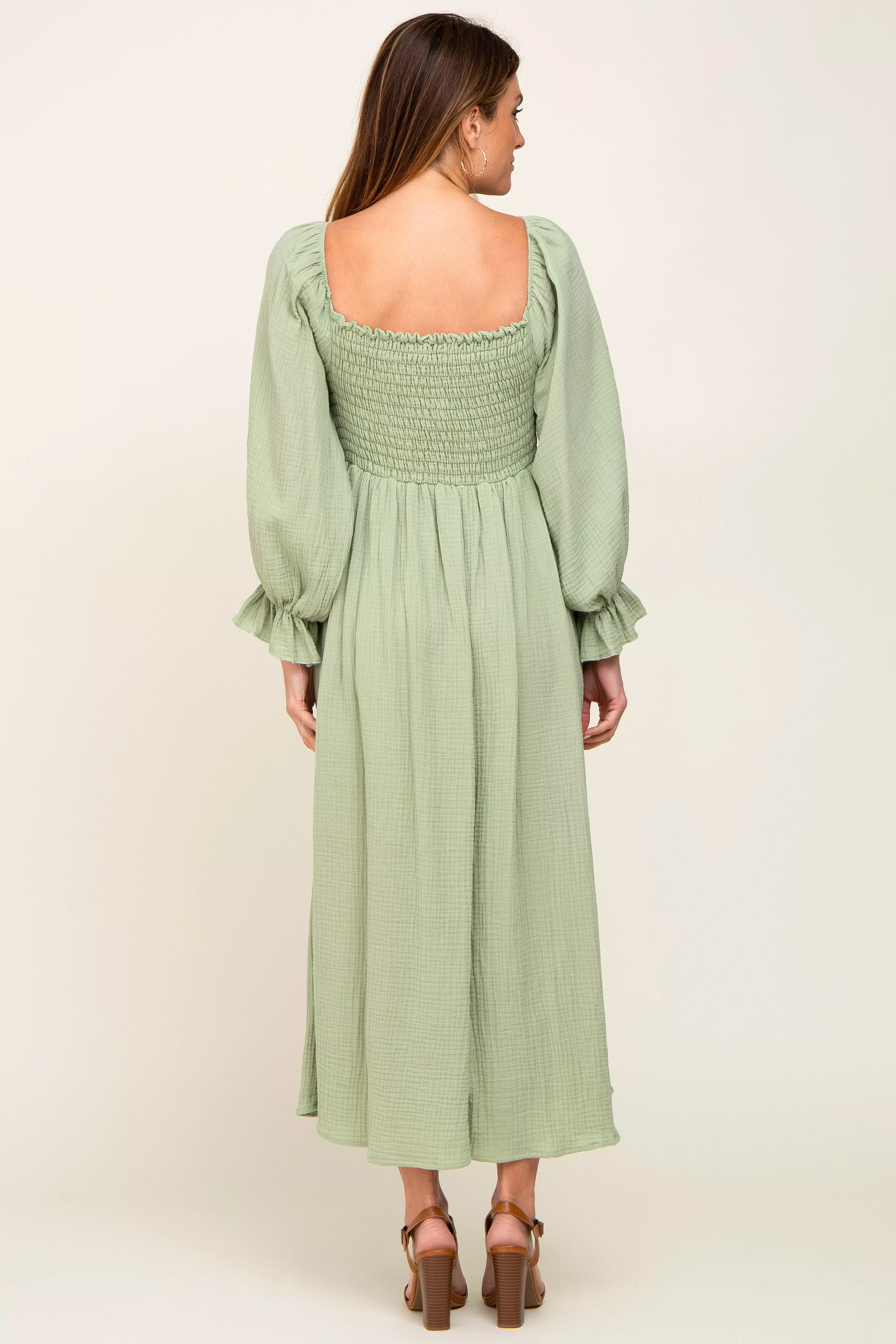 Light Green Gauze Smocked Midi Dress