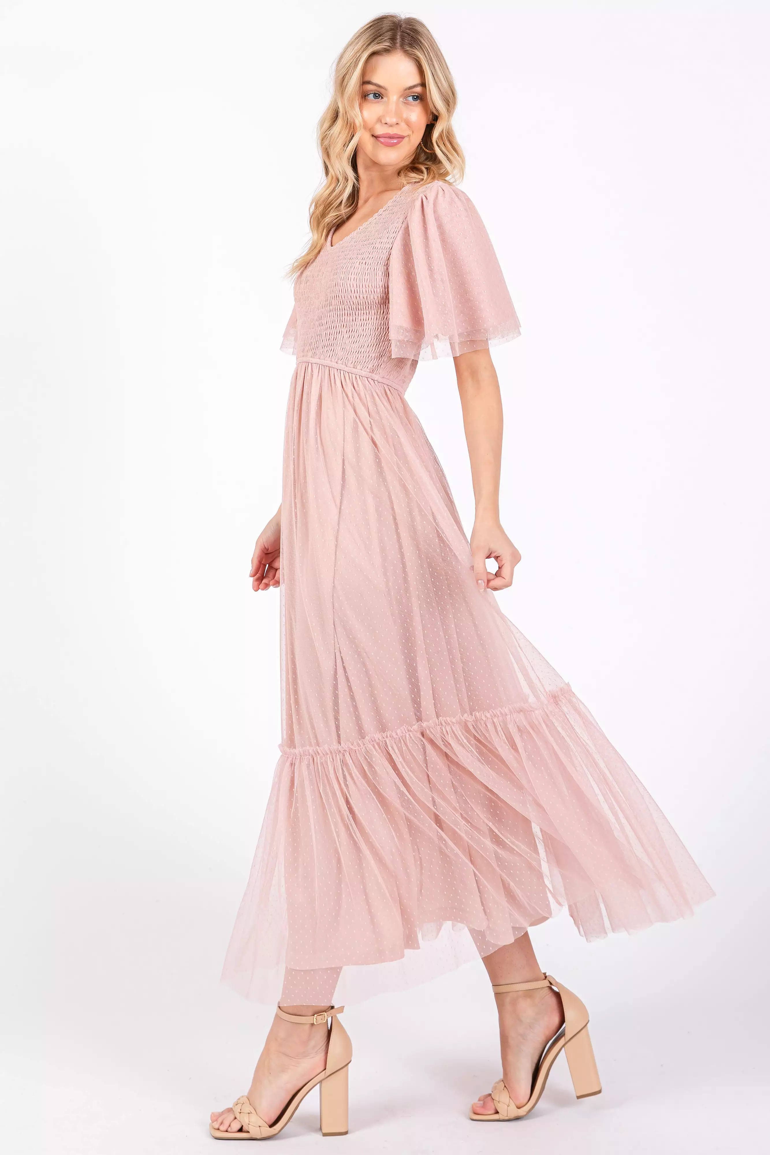 Light Pink Mesh Smocked Midi Dress