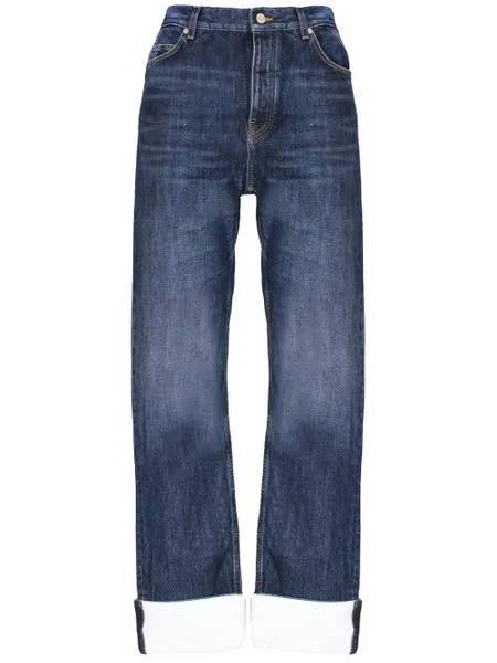 LOEWE Men's Mid Waist Straight-Leg Fisherman Jeans in Blue Cotton Denim with Contrast Turn-Up Cuffs