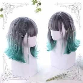 Lolita cute air bangs gray green gradient short wig BY5015