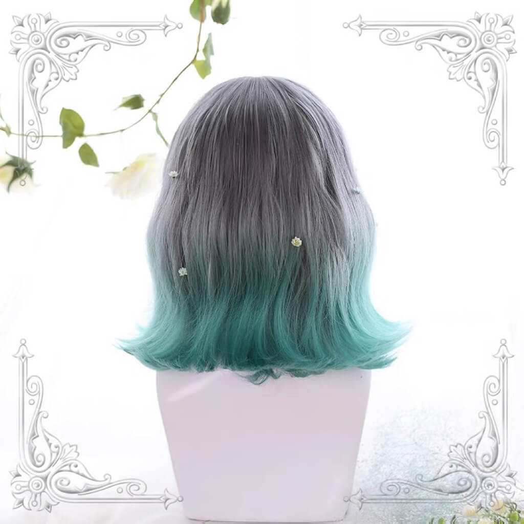 Lolita cute air bangs gray green gradient short wig BY5015