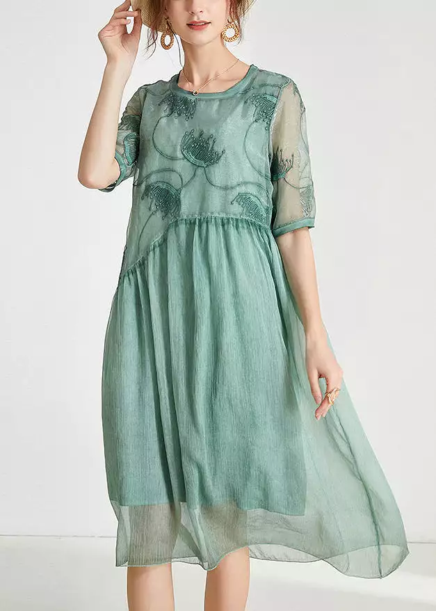 Loose Green Embroidered Patchwork Chiffon Dresses Summer AB1026