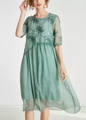 Loose Green Embroidered Patchwork Chiffon Dresses Summer AB1026