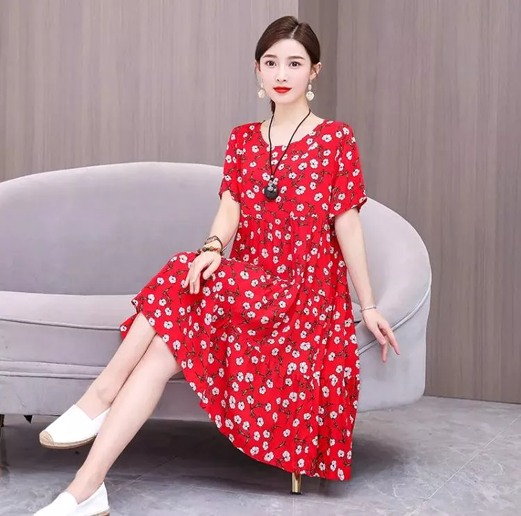 Loose Midi Dress Women Vintage Print Korean Elegan Boho Floral Dresses Summer O-Neck Womens Casual Sundress S3773984