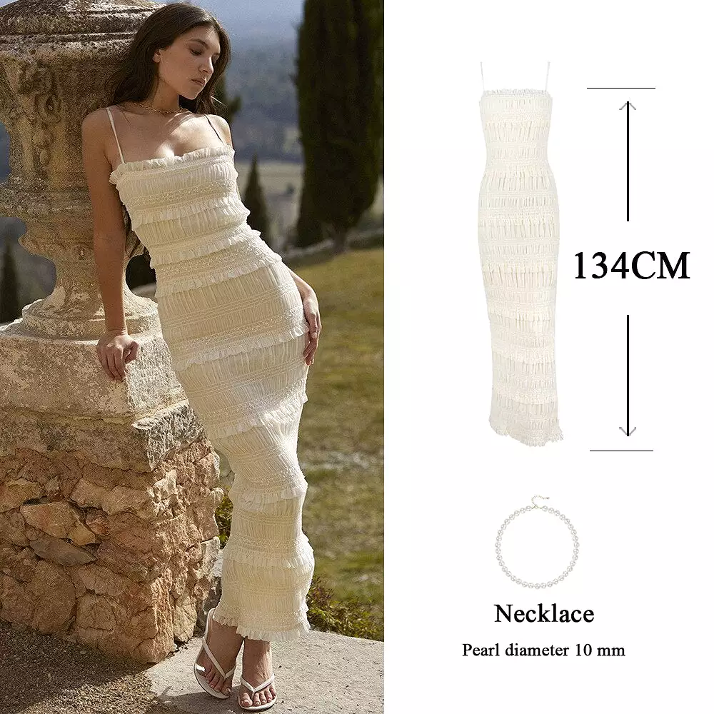 Luxury Gathered Maxi Formal Occasion Dresses Beige Spaghetti Strap Wedding Party Dresses Summer Prom Dress