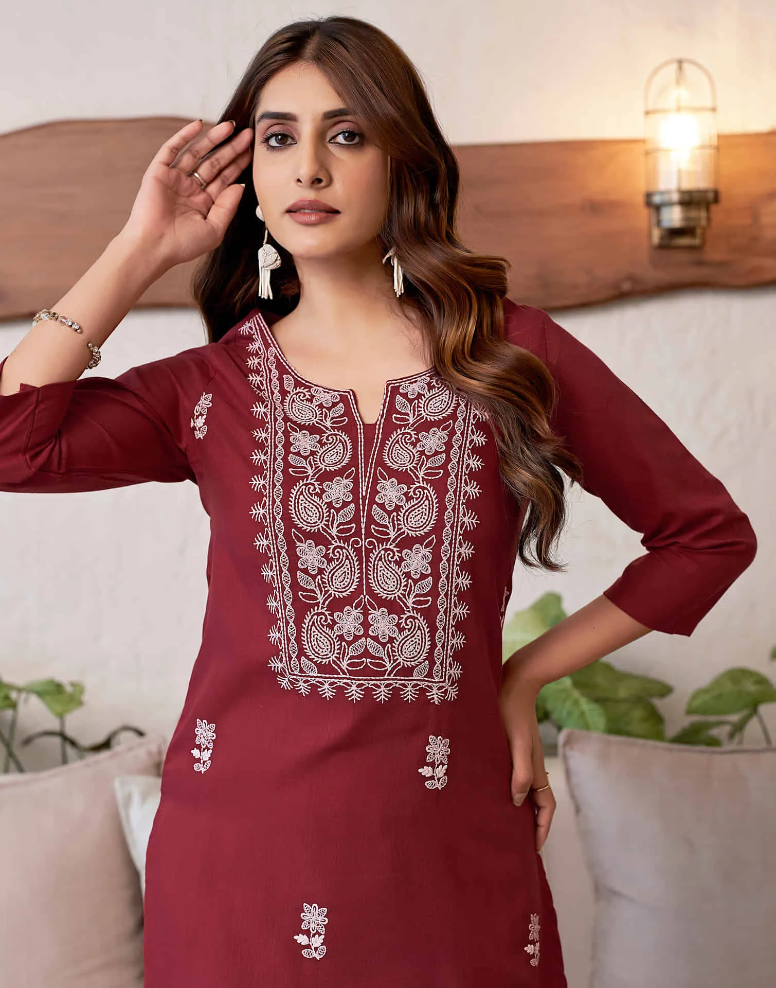 Maroon Chikankari Embroidery Cotton Straight Kurta