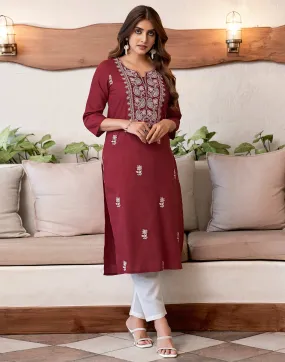 Maroon Chikankari Embroidery Cotton Straight Kurta