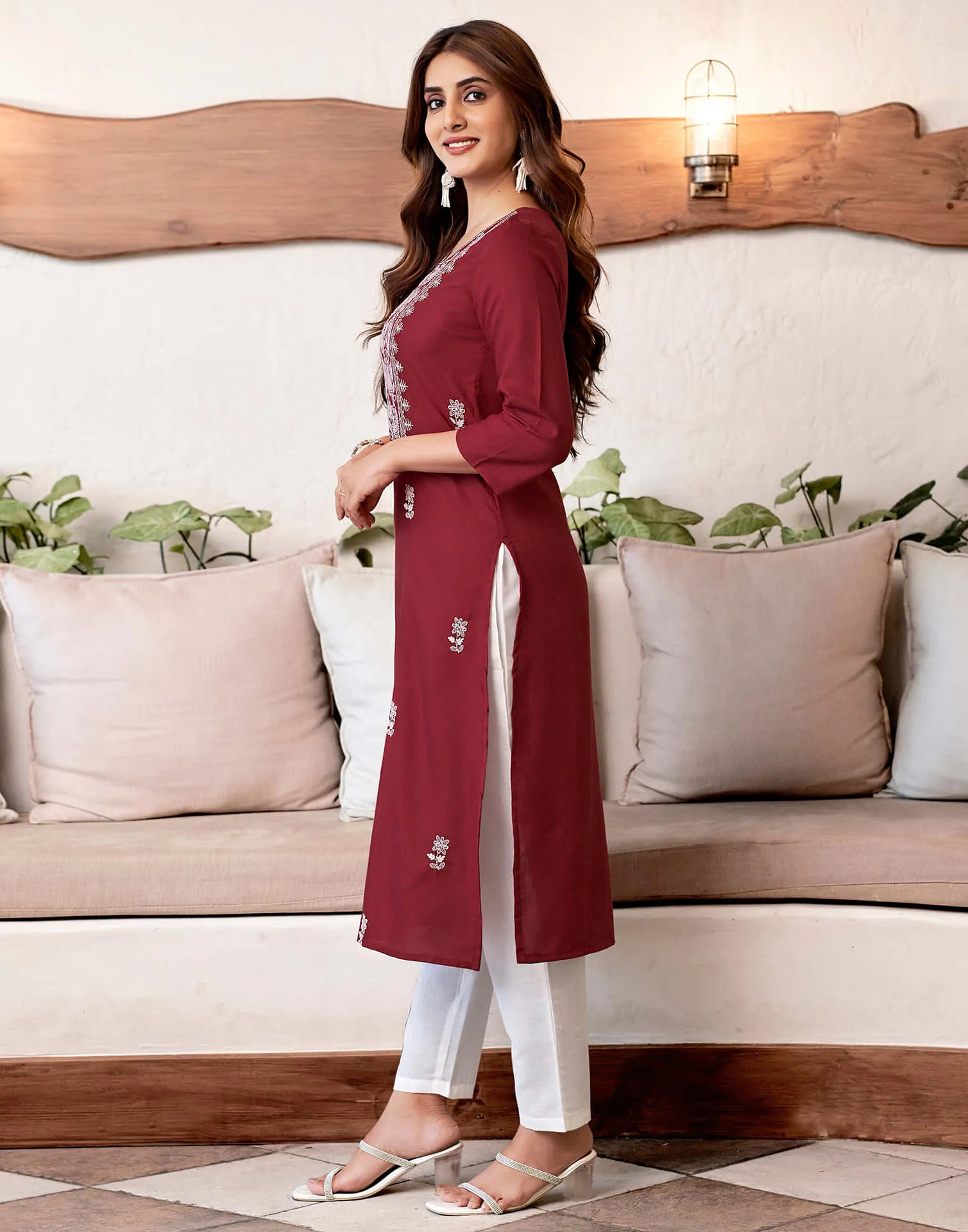 Maroon Chikankari Embroidery Cotton Straight Kurta