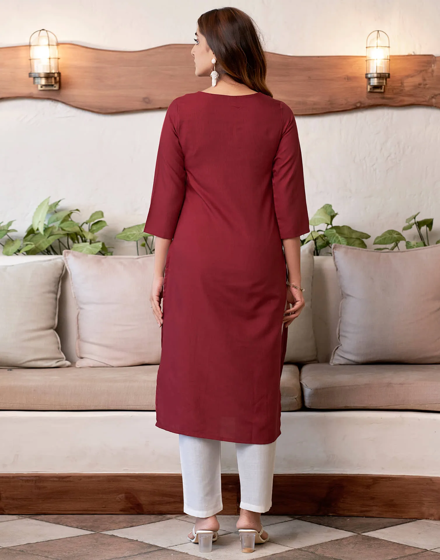 Maroon Chikankari Embroidery Cotton Straight Kurta