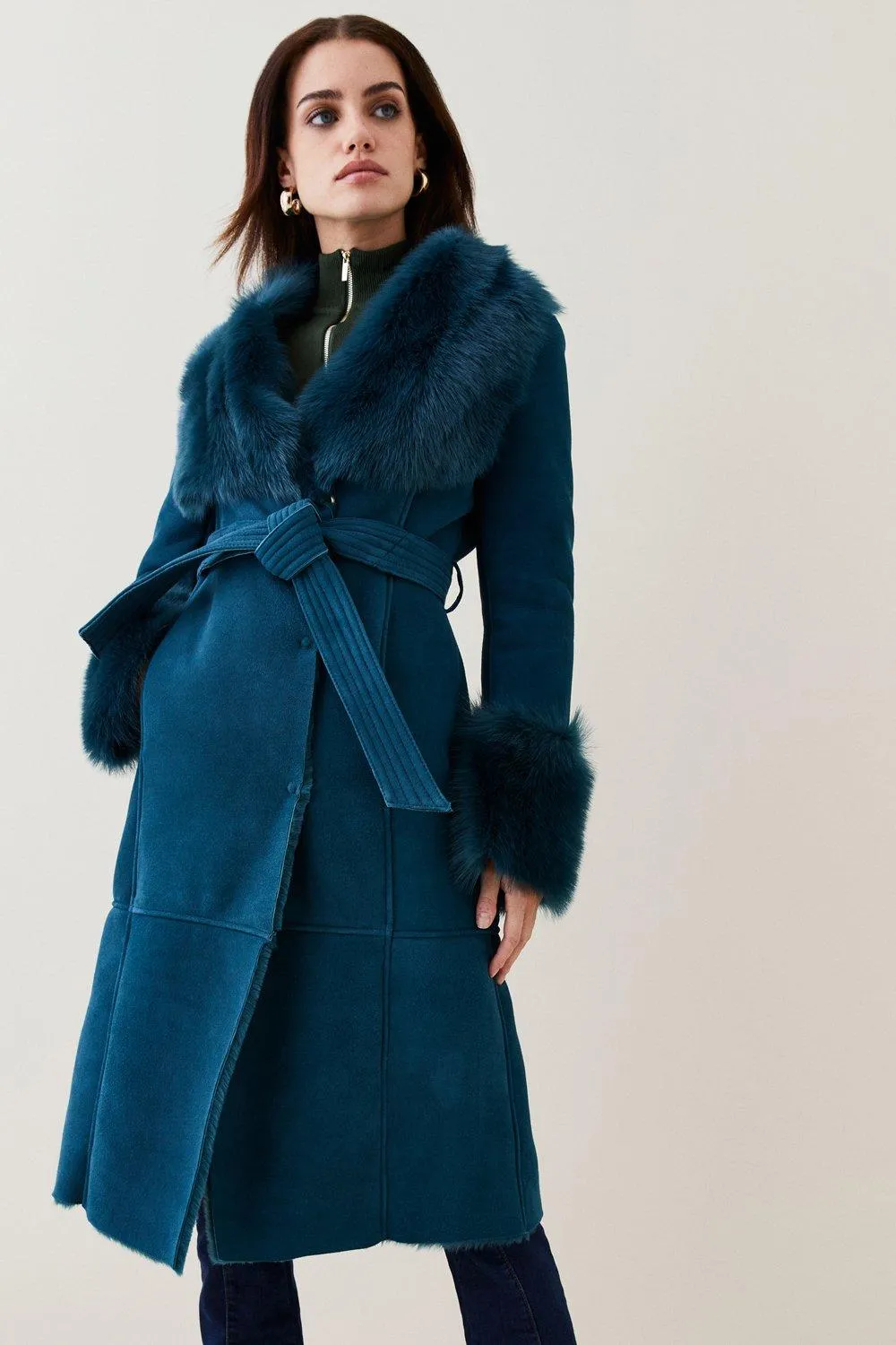 Petite Shearling Wrap Belted Coat | Karen Millen