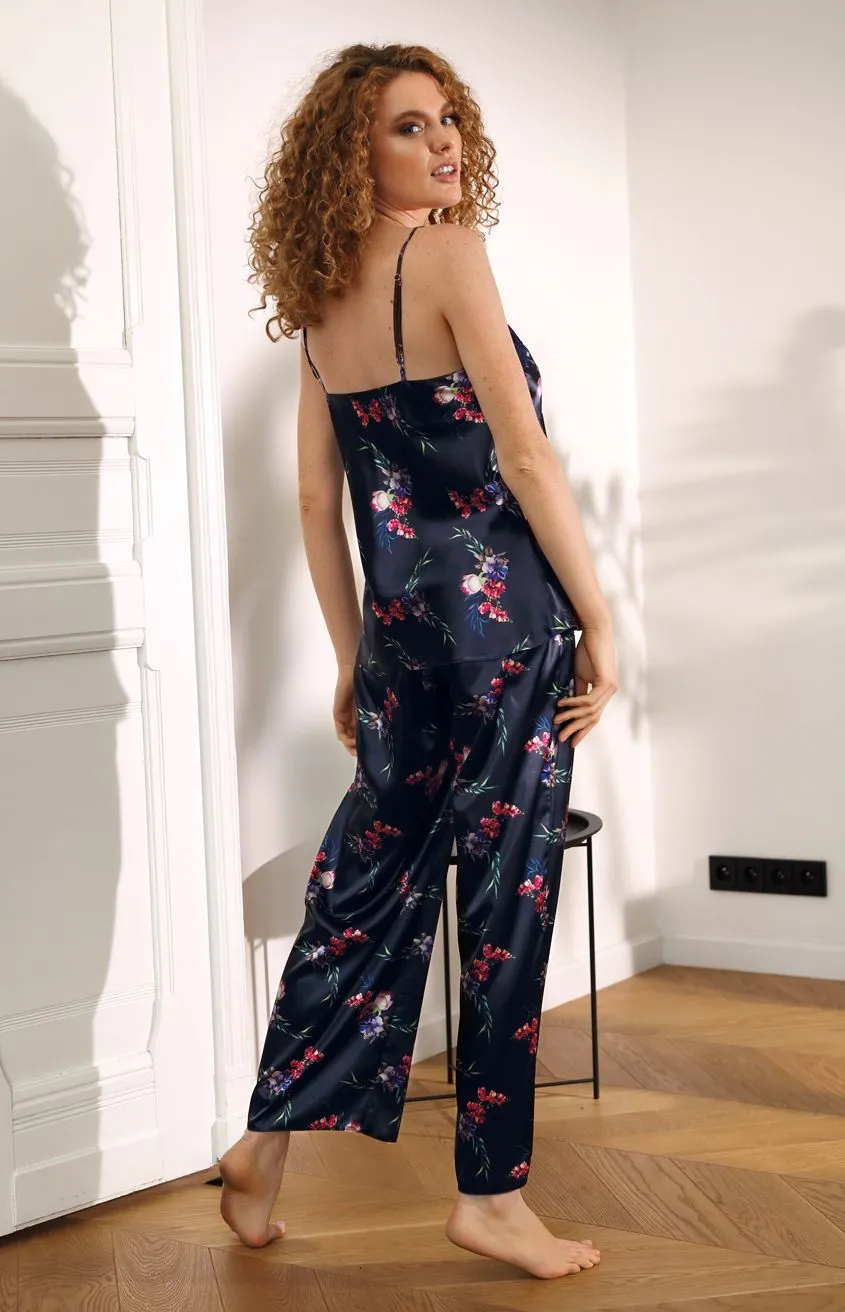 Pyjama en satin et dentelle imprimé fleurs